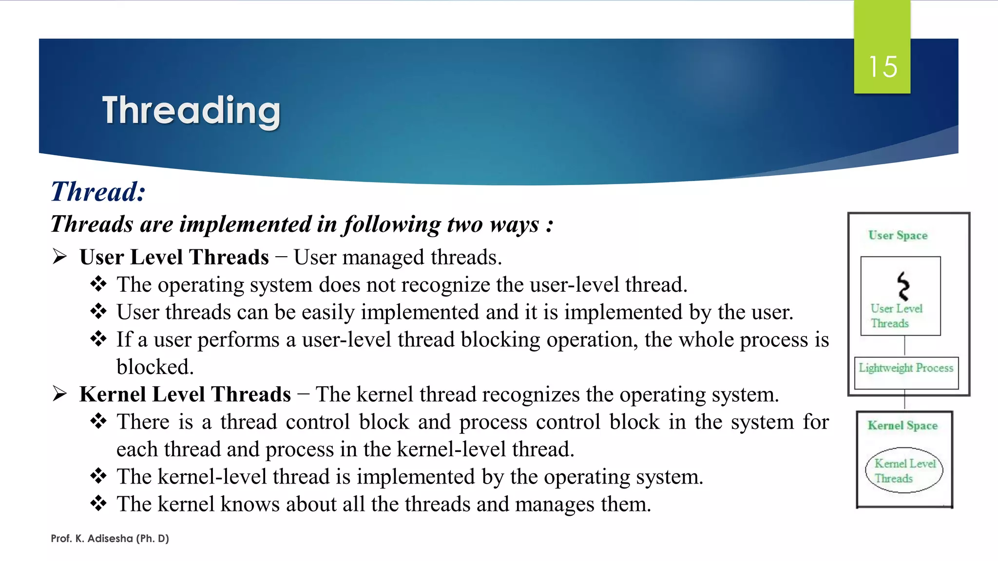 Threading
Prof. K. Adisesha (Ph. D)
15
Thread:
Threads are implemented in following two ways :
➢ User Level Threads − User managed threads.
❖ The operating system does not recognize the user-level thread.
❖ User threads can be easily implemented and it is implemented by the user.
❖ If a user performs a user-level thread blocking operation, the whole process is
blocked.
➢ Kernel Level Threads − The kernel thread recognizes the operating system.
❖ There is a thread control block and process control block in the system for
each thread and process in the kernel-level thread.
❖ The kernel-level thread is implemented by the operating system.
❖ The kernel knows about all the threads and manages them.
 