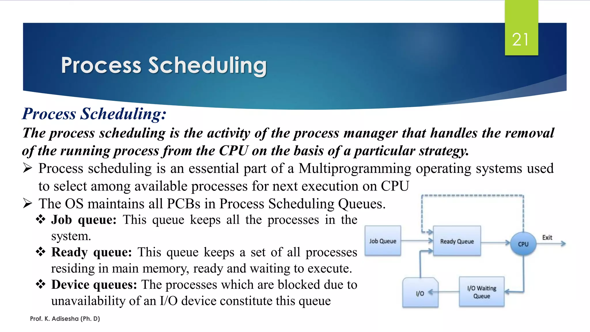 Process Scheduling
Prof. K. Adisesha (Ph. D)
21
Process Scheduling:
The process scheduling is the activity of the process manager that handles the removal
of the running process from the CPU on the basis of a particular strategy.
➢ Process scheduling is an essential part of a Multiprogramming operating systems used
to select among available processes for next execution on CPU
➢ The OS maintains all PCBs in Process Scheduling Queues.
❖ Job queue: This queue keeps all the processes in the
system.
❖ Ready queue: This queue keeps a set of all processes
residing in main memory, ready and waiting to execute.
❖ Device queues: The processes which are blocked due to
unavailability of an I/O device constitute this queue
 