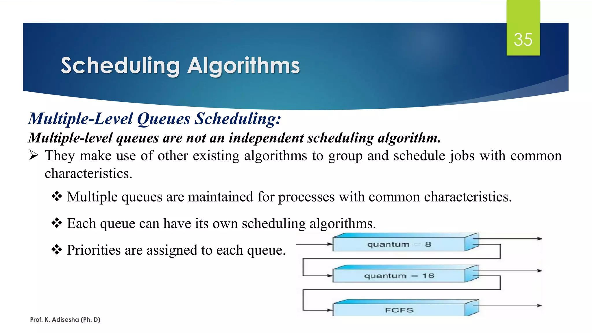 Scheduling Algorithms
Prof. K. Adisesha (Ph. D)
35
Multiple-Level Queues Scheduling:
Multiple-level queues are not an independent scheduling algorithm.
➢ They make use of other existing algorithms to group and schedule jobs with common
characteristics.
❖ Multiple queues are maintained for processes with common characteristics.
❖ Each queue can have its own scheduling algorithms.
❖ Priorities are assigned to each queue.
 