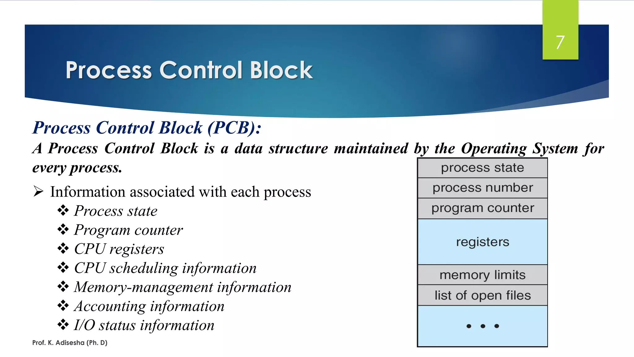Process Control Block
Prof. K. Adisesha (Ph. D)
7
Process Control Block (PCB):
A Process Control Block is a data structure maintained by the Operating System for
every process.
➢ Information associated with each process
❖ Process state
❖ Program counter
❖ CPU registers
❖ CPU scheduling information
❖ Memory-management information
❖ Accounting information
❖ I/O status information
 