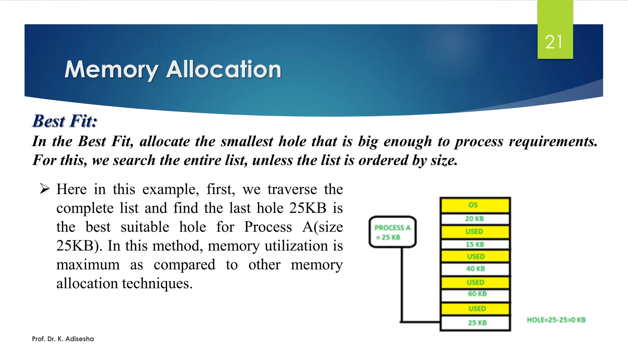 Memory Allocation
Prof. Dr. K. Adisesha
21
Best Fit:
In the Best Fit, allocate the smallest hole that is big enough to process requirements.
For this, we search the entire list, unless the list is ordered by size.
➢ Here in this example, first, we traverse the
complete list and find the last hole 25KB is
the best suitable hole for Process A(size
25KB). In this method, memory utilization is
maximum as compared to other memory
allocation techniques.
 