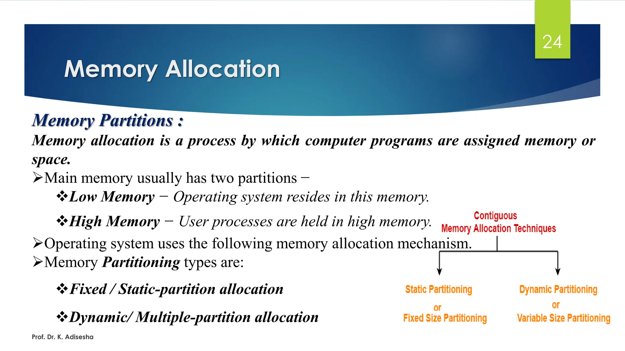 Memory Allocation
Prof. Dr. K. Adisesha
24
Memory Partitions :
Memory allocation is a process by which computer programs are assigned memory or
space.
➢Main memory usually has two partitions −
❖Low Memory − Operating system resides in this memory.
❖High Memory − User processes are held in high memory.
➢Operating system uses the following memory allocation mechanism.
➢Memory Partitioning types are:
❖Fixed / Static-partition allocation
❖Dynamic/ Multiple-partition allocation
 