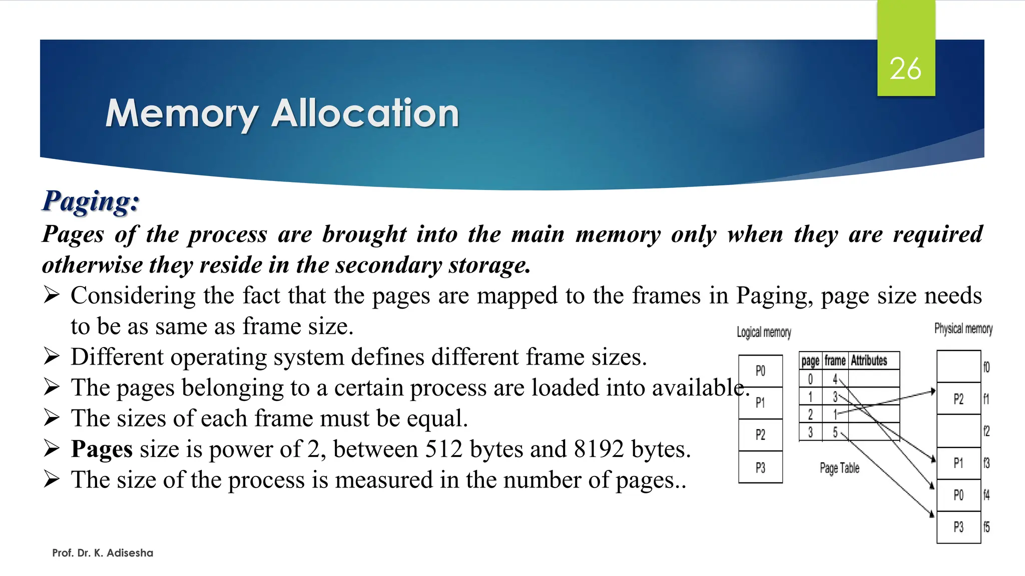 Memory Allocation
Prof. Dr. K. Adisesha
26
Paging:
Pages of the process are brought into the main memory only when they are required
otherwise they reside in the secondary storage.
➢ Considering the fact that the pages are mapped to the frames in Paging, page size needs
to be as same as frame size.
➢ Different operating system defines different frame sizes.
➢ The pages belonging to a certain process are loaded into available.
➢ The sizes of each frame must be equal.
➢ Pages size is power of 2, between 512 bytes and 8192 bytes.
➢ The size of the process is measured in the number of pages..
 