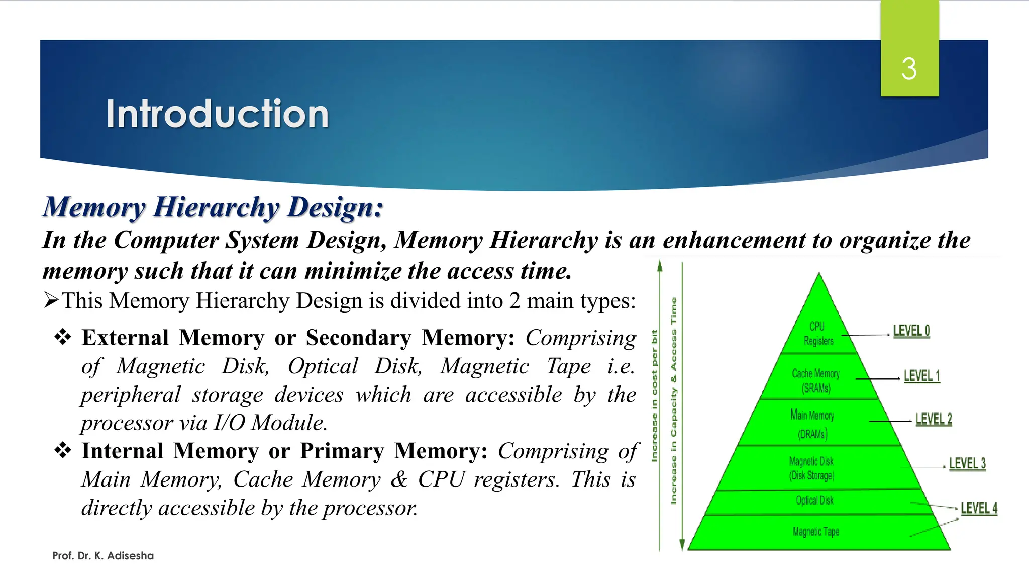 Introduction
Prof. Dr. K. Adisesha
3
Memory Hierarchy Design:
In the Computer System Design, Memory Hierarchy is an enhancement to organize the
memory such that it can minimize the access time.
➢This Memory Hierarchy Design is divided into 2 main types:
❖ External Memory or Secondary Memory: Comprising
of Magnetic Disk, Optical Disk, Magnetic Tape i.e.
peripheral storage devices which are accessible by the
processor via I/O Module.
❖ Internal Memory or Primary Memory: Comprising of
Main Memory, Cache Memory & CPU registers. This is
directly accessible by the processor.
 