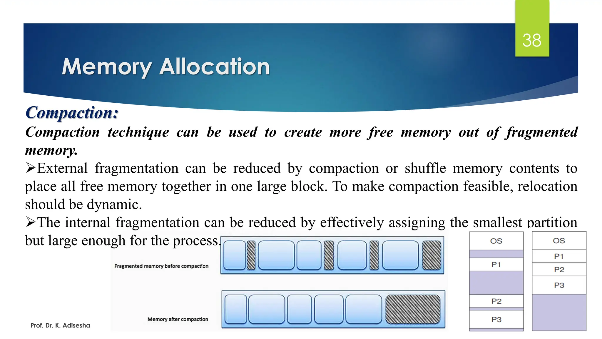 Memory Allocation
Prof. Dr. K. Adisesha
38
Compaction:
Compaction technique can be used to create more free memory out of fragmented
memory.
➢External fragmentation can be reduced by compaction or shuffle memory contents to
place all free memory together in one large block. To make compaction feasible, relocation
should be dynamic.
➢The internal fragmentation can be reduced by effectively assigning the smallest partition
but large enough for the process.
 