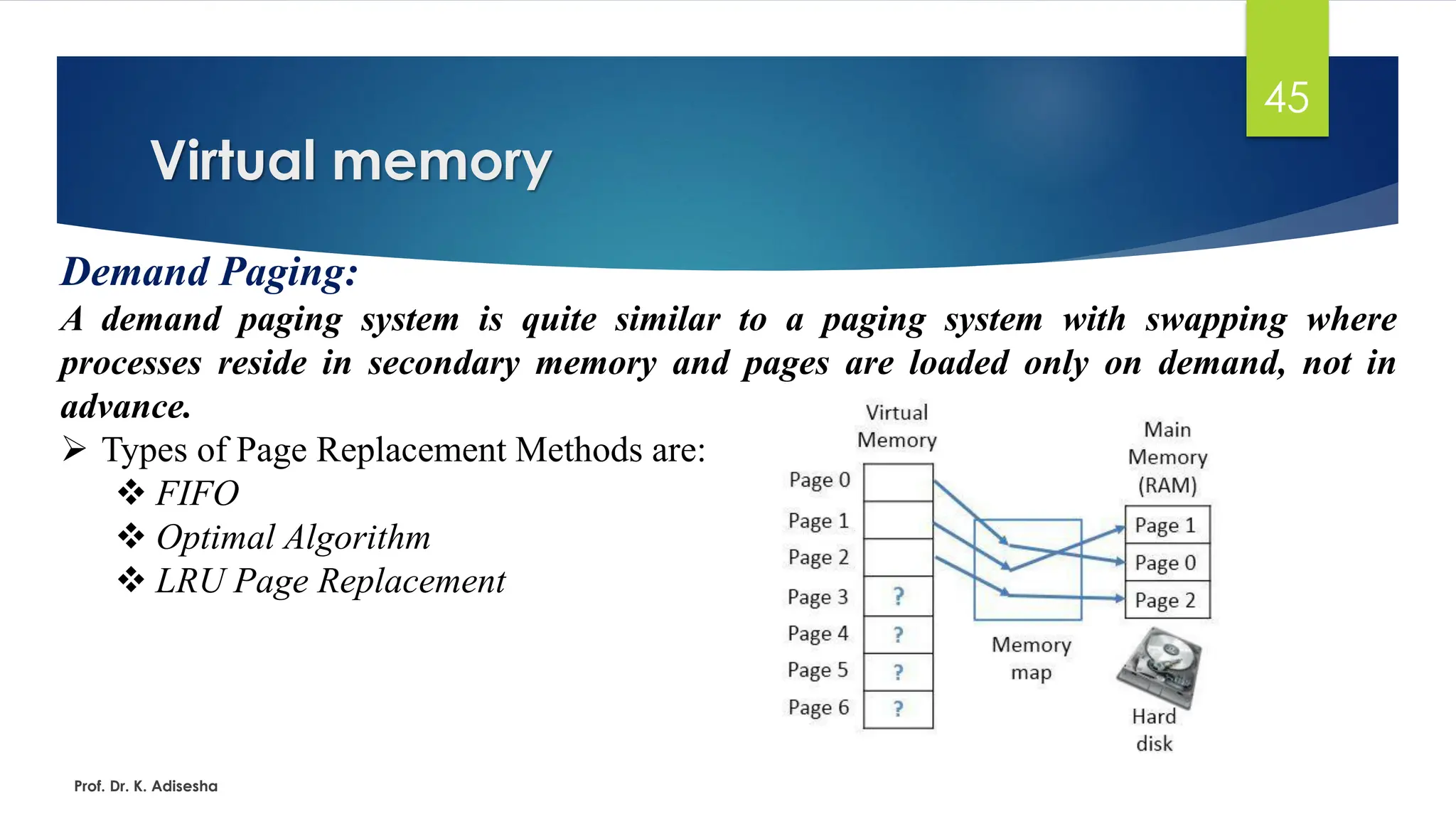 Virtual memory
Prof. Dr. K. Adisesha
45
Demand Paging:
A demand paging system is quite similar to a paging system with swapping where
processes reside in secondary memory and pages are loaded only on demand, not in
advance.
➢ Types of Page Replacement Methods are:
❖ FIFO
❖ Optimal Algorithm
❖ LRU Page Replacement
 