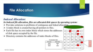 File Allocation
Prof. Dr. K. Adisesha
15
Indexed Allocation:
In Indexed file allocation, files are allocated disk spaces by operating system:
➢ Provides solutions to problems of contiguous and linked allocation.
➢ A index block is created having all pointers to files.
➢ Each file has its own index block which stores the addresses
of disk space occupied by the file.
➢ Directory contains the addresses of index blocks of files.
 