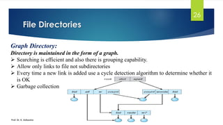 File Directories
Prof. Dr. K. Adisesha
26
Graph Directory:
Directory is maintained in the form of a graph.
➢ Searching is efficient and also there is grouping capability.
➢ Allow only links to file not subdirectories
➢ Every time a new link is added use a cycle detection algorithm to determine whether it
is OK
➢ Garbage collection
 