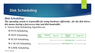 Disk Scheduling
Prof. Dr. K. Adisesha
35
Disk Scheduling:
The operating system is responsible for using hardware efficiently - for the disk drives,
this means having a fast access time and disk bandwidth.
➢ Various Disk-Scheduling Algorithm are:
❖ FCFS Scheduling
❖ SSTF Scheduling
❖ SCAN Scheduling
❖ C-SCAN Scheduling
❖ LOOK Scheduling
 