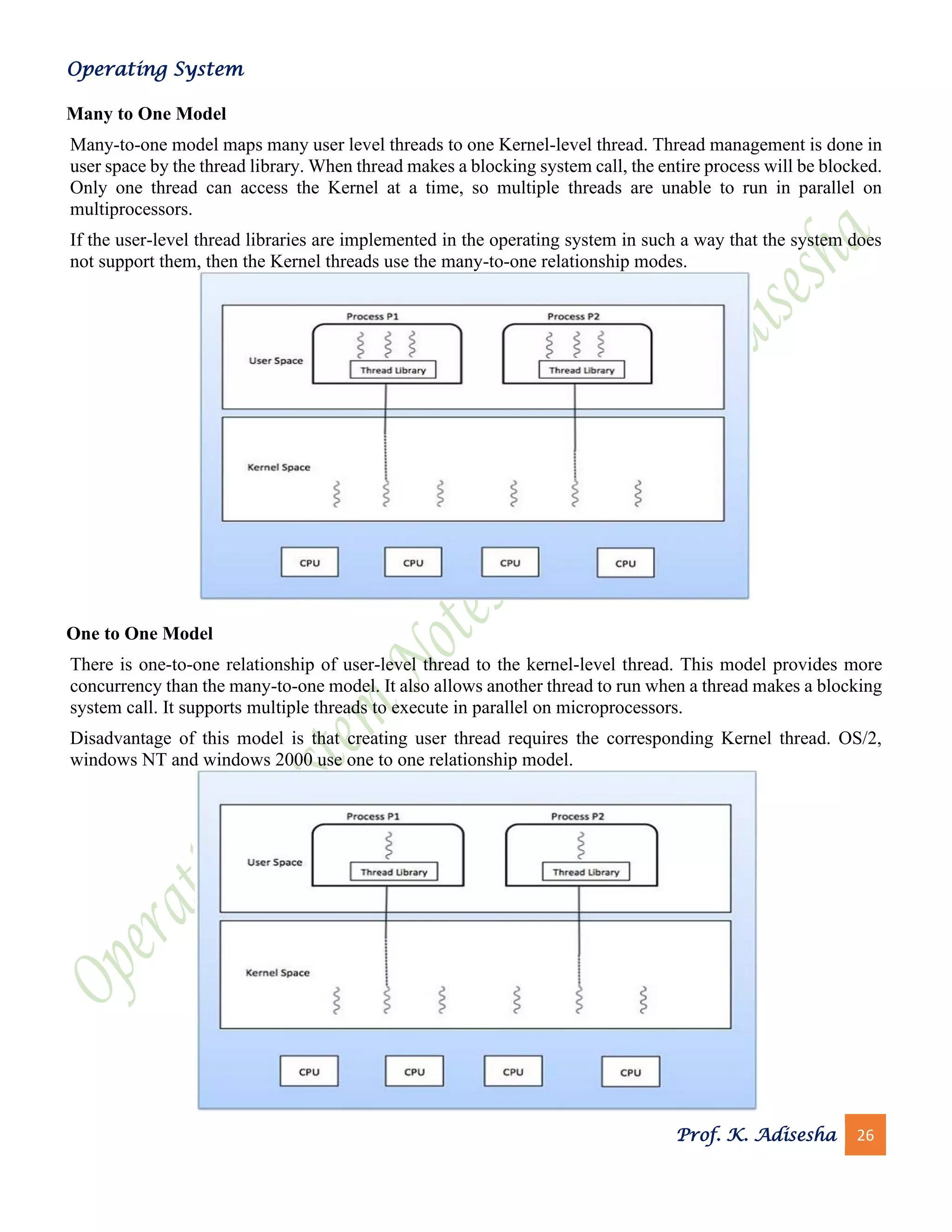 Operating System
Prof. K. Adisesha 26
Many to One Model
Many-to-one model maps many user level threads to one Kernel-level thread. Thread management is done in
user space by the thread library. When thread makes a blocking system call, the entire process will be blocked.
Only one thread can access the Kernel at a time, so multiple threads are unable to run in parallel on
multiprocessors.
If the user-level thread libraries are implemented in the operating system in such a way that the system does
not support them, then the Kernel threads use the many-to-one relationship modes.
One to One Model
There is one-to-one relationship of user-level thread to the kernel-level thread. This model provides more
concurrency than the many-to-one model. It also allows another thread to run when a thread makes a blocking
system call. It supports multiple threads to execute in parallel on microprocessors.
Disadvantage of this model is that creating user thread requires the corresponding Kernel thread. OS/2,
windows NT and windows 2000 use one to one relationship model.
 
