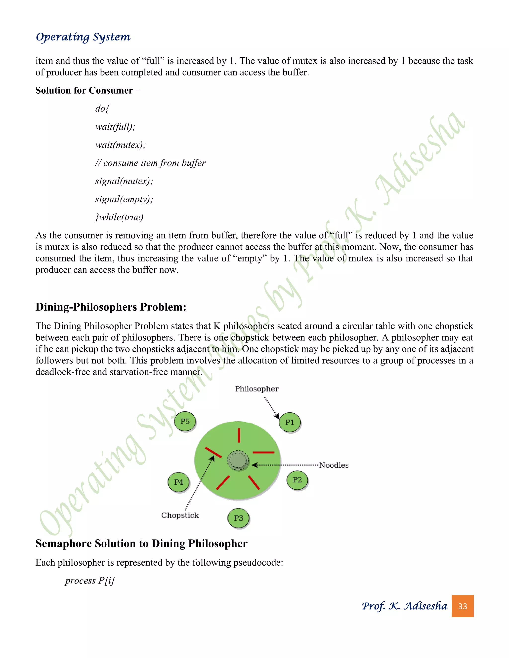 Operating System
Prof. K. Adisesha 33
item and thus the value of “full” is increased by 1. The value of mutex is also increased by 1 because the task
of producer has been completed and consumer can access the buffer.
Solution for Consumer –
do{
wait(full);
wait(mutex);
// consume item from buffer
signal(mutex);
signal(empty);
}while(true)
As the consumer is removing an item from buffer, therefore the value of “full” is reduced by 1 and the value
is mutex is also reduced so that the producer cannot access the buffer at this moment. Now, the consumer has
consumed the item, thus increasing the value of “empty” by 1. The value of mutex is also increased so that
producer can access the buffer now.
Dining-Philosophers Problem:
The Dining Philosopher Problem states that K philosophers seated around a circular table with one chopstick
between each pair of philosophers. There is one chopstick between each philosopher. A philosopher may eat
if he can pickup the two chopsticks adjacent to him. One chopstick may be picked up by any one of its adjacent
followers but not both. This problem involves the allocation of limited resources to a group of processes in a
deadlock-free and starvation-free manner.
Semaphore Solution to Dining Philosopher
Each philosopher is represented by the following pseudocode:
process P[i]
 