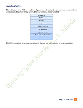Operating System
Prof. K. Adisesha 14
The architecture of a PCB is completely dependent on Operating System and may contain different
information in different operating systems. Here is a simplified diagram of a PCB −
The PCB is maintained for a process throughout its lifetime, and is deleted once the process terminates.
 