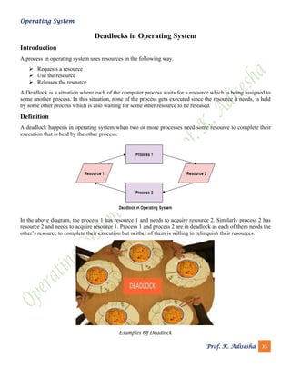 Operating System
Prof. K. Adisesha 35
Deadlocks in Operating System
Introduction
A process in operating system uses resources in the following way.
➢ Requests a resource
➢ Use the resource
➢ Releases the resource
A Deadlock is a situation where each of the computer process waits for a resource which is being assigned to
some another process. In this situation, none of the process gets executed since the resource it needs, is held
by some other process which is also waiting for some other resource to be released.
Definition
A deadlock happens in operating system when two or more processes need some resource to complete their
execution that is held by the other process.
In the above diagram, the process 1 has resource 1 and needs to acquire resource 2. Similarly process 2 has
resource 2 and needs to acquire resource 1. Process 1 and process 2 are in deadlock as each of them needs the
other’s resource to complete their execution but neither of them is willing to relinquish their resources.
Examples Of Deadlock
 