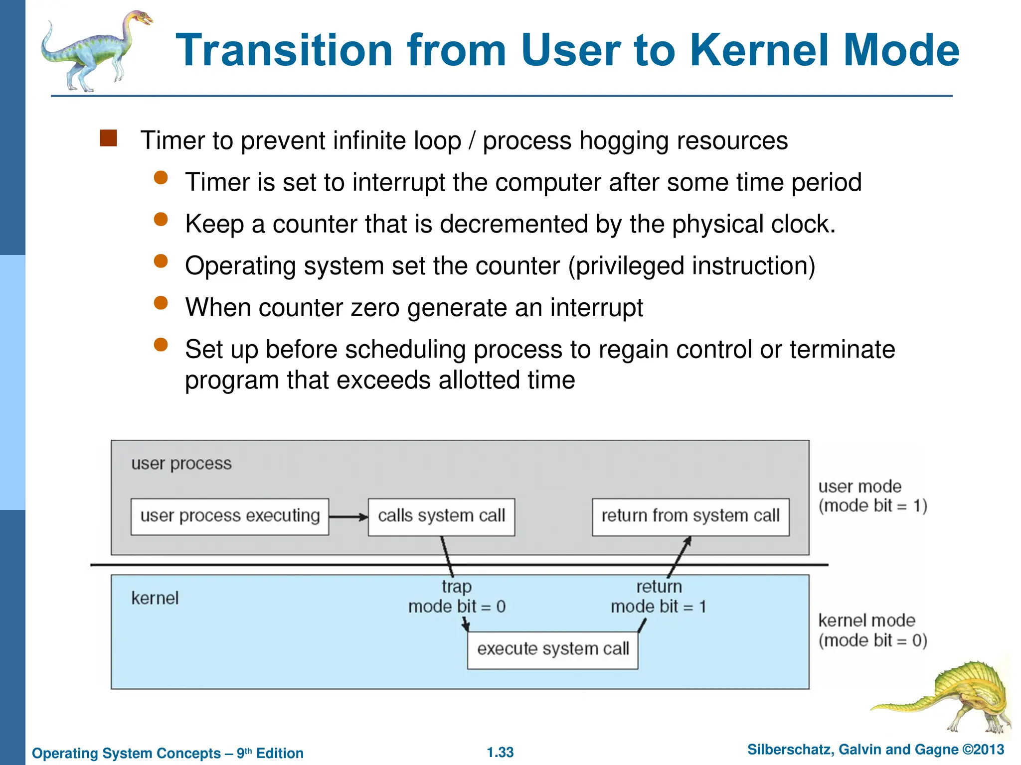 1.33 Silberschatz, Galvin and Gagne ©2013
Operating System Concepts – 9th
Edition
Transition from User to Kernel Mode
 Timer to prevent infinite loop / process hogging resources
 Timer is set to interrupt the computer after some time period
 Keep a counter that is decremented by the physical clock.
 Operating system set the counter (privileged instruction)
 When counter zero generate an interrupt
 Set up before scheduling process to regain control or terminate
program that exceeds allotted time
 