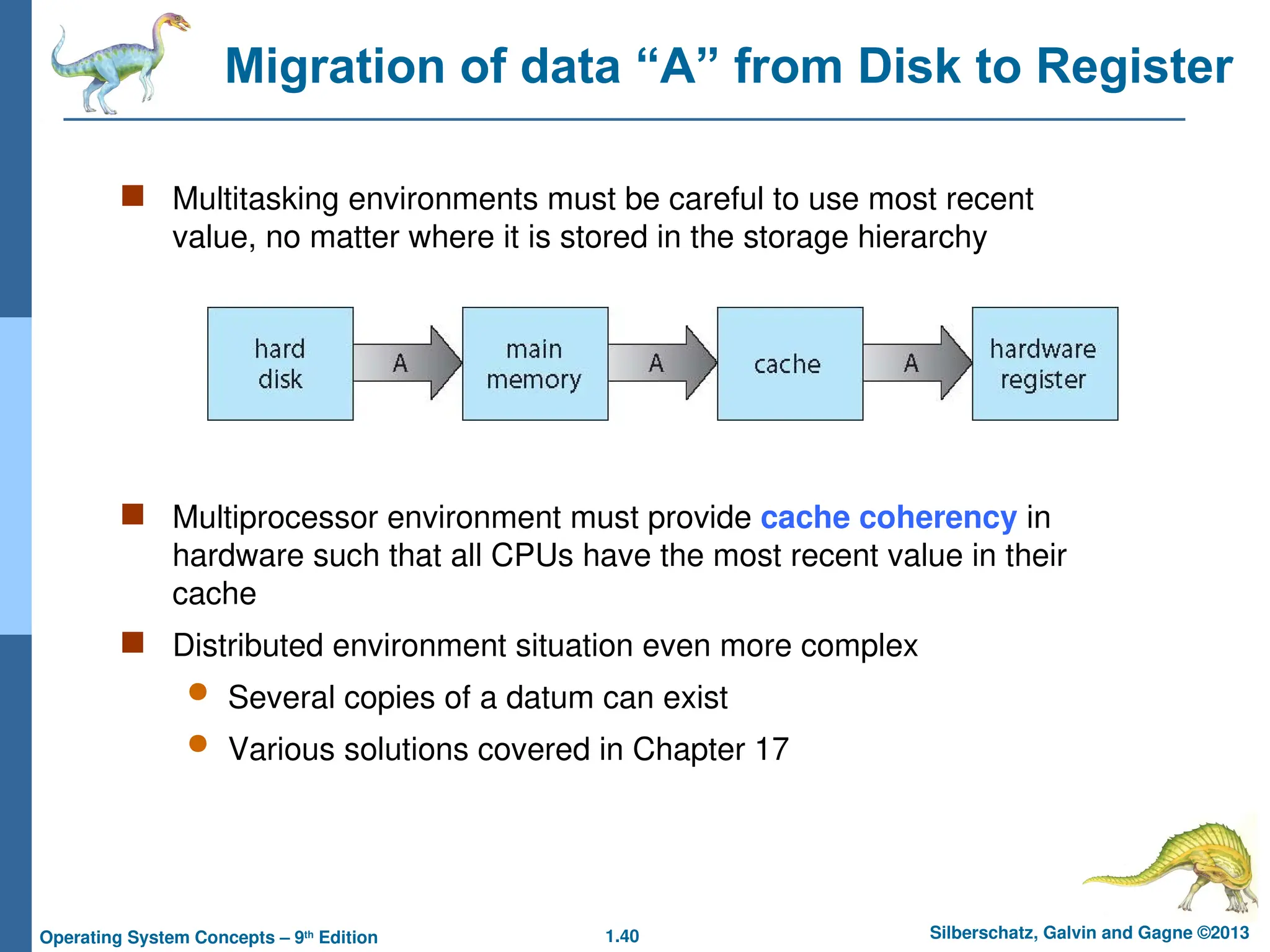 1.40 Silberschatz, Galvin and Gagne ©2013
Operating System Concepts – 9th
Edition
Migration of data “A” from Disk to Register
 Multitasking environments must be careful to use most recent
value, no matter where it is stored in the storage hierarchy
 Multiprocessor environment must provide cache coherency in
hardware such that all CPUs have the most recent value in their
cache
 Distributed environment situation even more complex
 Several copies of a datum can exist
 Various solutions covered in Chapter 17
 