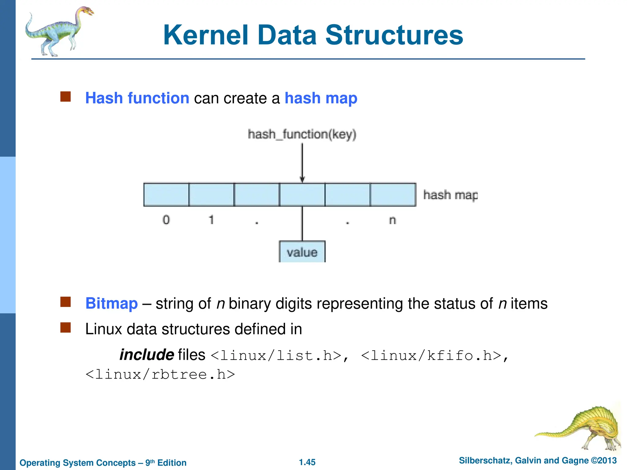 1.45 Silberschatz, Galvin and Gagne ©2013
Operating System Concepts – 9th
Edition
Kernel Data Structures
 Hash function can create a hash map
 Bitmap – string of n binary digits representing the status of n items
 Linux data structures defined in
include files <linux/list.h>, <linux/kfifo.h>,
<linux/rbtree.h>
 