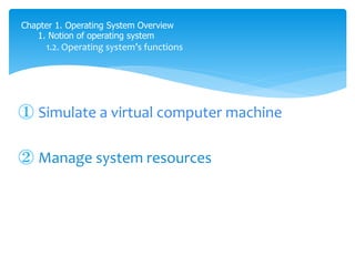 Chapter 1. Operating System Overview
1. Notion of operating system
1.2. Operating system’s functions
① Simulate a virtual computer machine
② Manage system resources
 