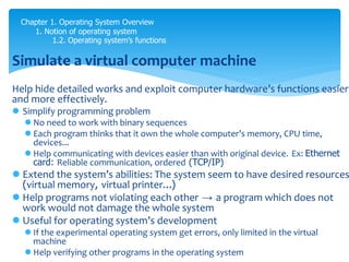 Chapter 1. Operating System Overview
1. Notion of operating system
1.2. Operating system’s functions
Simulate a virtual computer machine
Help hide detailed works and exploit computer hardware’s functions easier
and more effectively.
 Simplify programming problem
 No need to work with binary sequences
 Each program thinks that it own the whole computer’s memory, CPU time,
devices...
 Help communicating with devices easier than with original device. Ex: Ethernet
card: Reliable communication, ordered (TCP/IP)
 Extend the system’s abilities: The system seem to have desired resources
(virtual memory, virtual printer...)
 Help programs not violating each other → a program which does not
work would not damage the whole system
 Useful for operating system’s development
 If the experimental operating system get errors, only limited in the virtual
machine
 Help verifying other programs in the operating system
 