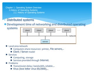  Distributed systems
 Development time of networking and distributed operating
systems
Chapter 1. Operating System Overview
2.History of Operating Systems
2.2. History of Operating Systems
 Local area network
 Computers share resources: printer, File servers,..
 Client / Server model
 Services
 Computing, storage
 Services provided through Internet.
 Problems
 Transmission delay; bandwidth, reliable...
 Virus (love letter virus 05/2000),..
 