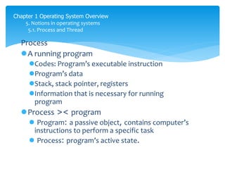 Chapter 1 Operating System Overview
5. Notions in operating systems
5.1. Process and Thread
Process
A running program
Codes: Program’s executable instruction
Program’s data
Stack, stack pointer, registers
Information that is necessary for running
program
Process >< program
 Program: a passive object, contains computer’s
instructions to perform a specific task
 Process: program’s active state.
code được load vào internal memory để chạy
code được laod vào external memory
 