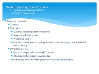 Chapter 1 Operating System Overview
5. Notions in operating systems
5.2 System’s resources
 System’s resources
 Memory
 Processor
 System’s most important component
 Access level: instruction
 Processing time
 Multi-processor system: each processor’s time is managed and scheduled
independently
 Peripheral devices
 Retrieve, output information (I/O device)
 Attached to the system via controller
 Commonly considered peripheral devices-controller devices
 