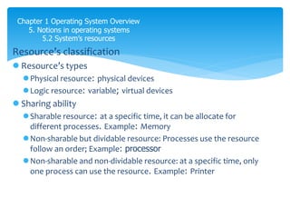 Chapter 1 Operating System Overview
5. Notions in operating systems
5.2 System’s resources
Resource’s classification
 Resource’s types
Physical resource: physical devices
Logic resource: variable; virtual devices
 Sharing ability
Sharable resource: at a specific time, it can be allocate for
different processes. Example: Memory
Non-sharable but dividable resource: Processes use the resource
follow an order; Example: processor
Non-sharable and non-dividable resource: at a specific time, only
one process can use the resource. Example: Printer
logical resources
chỉ có một process mới được cùng tài nguyen này 1 lần, xong rồi mới chuyển
dùng schedule
kiểu một cái máy in chỉ được in 1 prcess 1 lần, do đó cần một virtual printer để in ảo trước, sau đó dùng 1 cáii printer
daemon chứa process chuỷen 1 by 1 to real printer để in
 