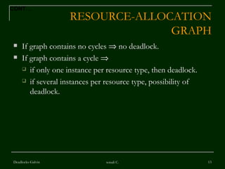 If graph contains no cycles    no deadlock. If graph contains a cycle   if only one instance per resource type, then deadlock. if several instances per resource type, possibility of deadlock. RESOURCE-ALLOCATION  GRAPH Deadlocks-Galvin sonali C. CONT… 