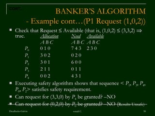 BANKER’S ALGORITHM - Example cont…(P1 Request (1,0,2)) Check that Request    Available (that is, (1,0,2)    (3,3,2)    true . Allocation Need Available A B C A B C A B C  P 0 0 1 0  7 4 3  2 3 0 P 1 3 0 2 0 2 0  P 2 3 0 1  6 0 0  P 3 2 1 1  0 1 1 P 4 0 0 2  4 3 1  Executing safety algorithm shows that sequence <  P 1 ,  P 3 ,  P 4 ,  P 0 ,  P 2 > satisfies safety requirement.  Can request for (3,3,0) by  P 4  be granted? –NO  Can request for (0,2,0) by  P 0  be granted? –NO ( Results Unsafe) Deadlocks-Galvin sonali C. CONT… 