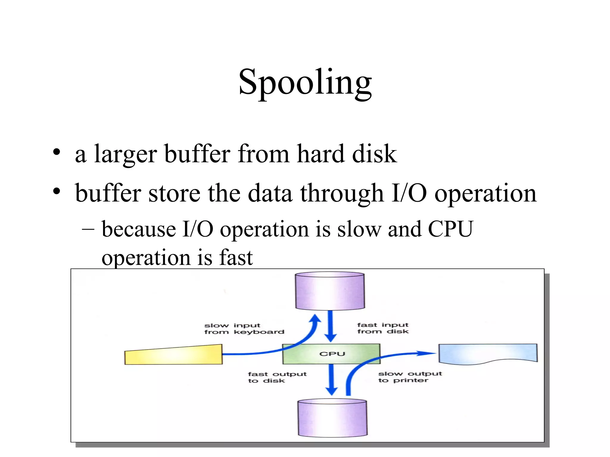 Spooling
• a larger buffer from hard disk
• buffer store the data through I/O operation
  – because I/O operation is slow and CPU
    operation is fast
 