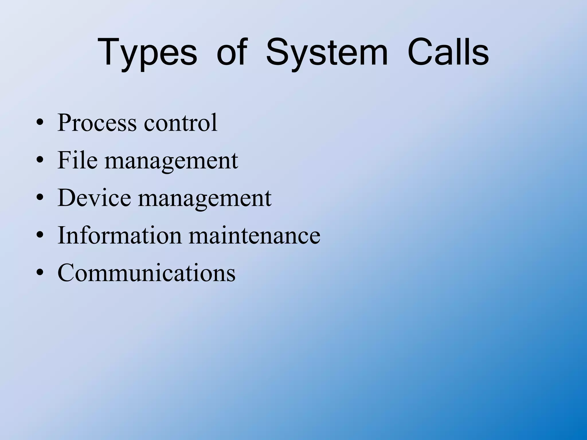 Types of System Calls
• Process control
• File management
• Device management
• Information maintenance
• Communications
 