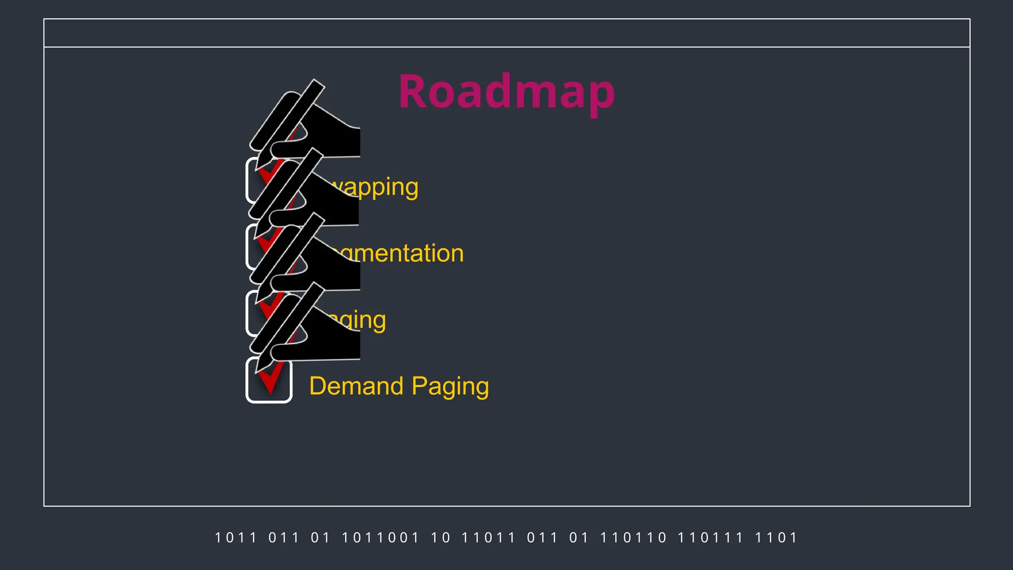 1 0 1 1 0 1 1 0 1 1 0 1 1 0 0 1 1 0 1 1 0 1 1 0 1 1 0 1 1 1 0 1 1 0 1 1 0 1 1 1 1 1 0 1
Swapping
Segmentation
Paging
Demand Paging
Roadmap
 
