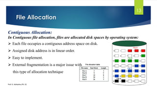 File Allocation
Prof. K. Adisesha (Ph. D)
13
Contiguous Allocation:
In Contiguous file allocation, files are allocated disk spaces by operating system:
➢ Each file occupies a contiguous address space on disk.
➢ Assigned disk address is in linear order.
➢ Easy to implement.
➢ External fragmentation is a major issue with
this type of allocation technique
 