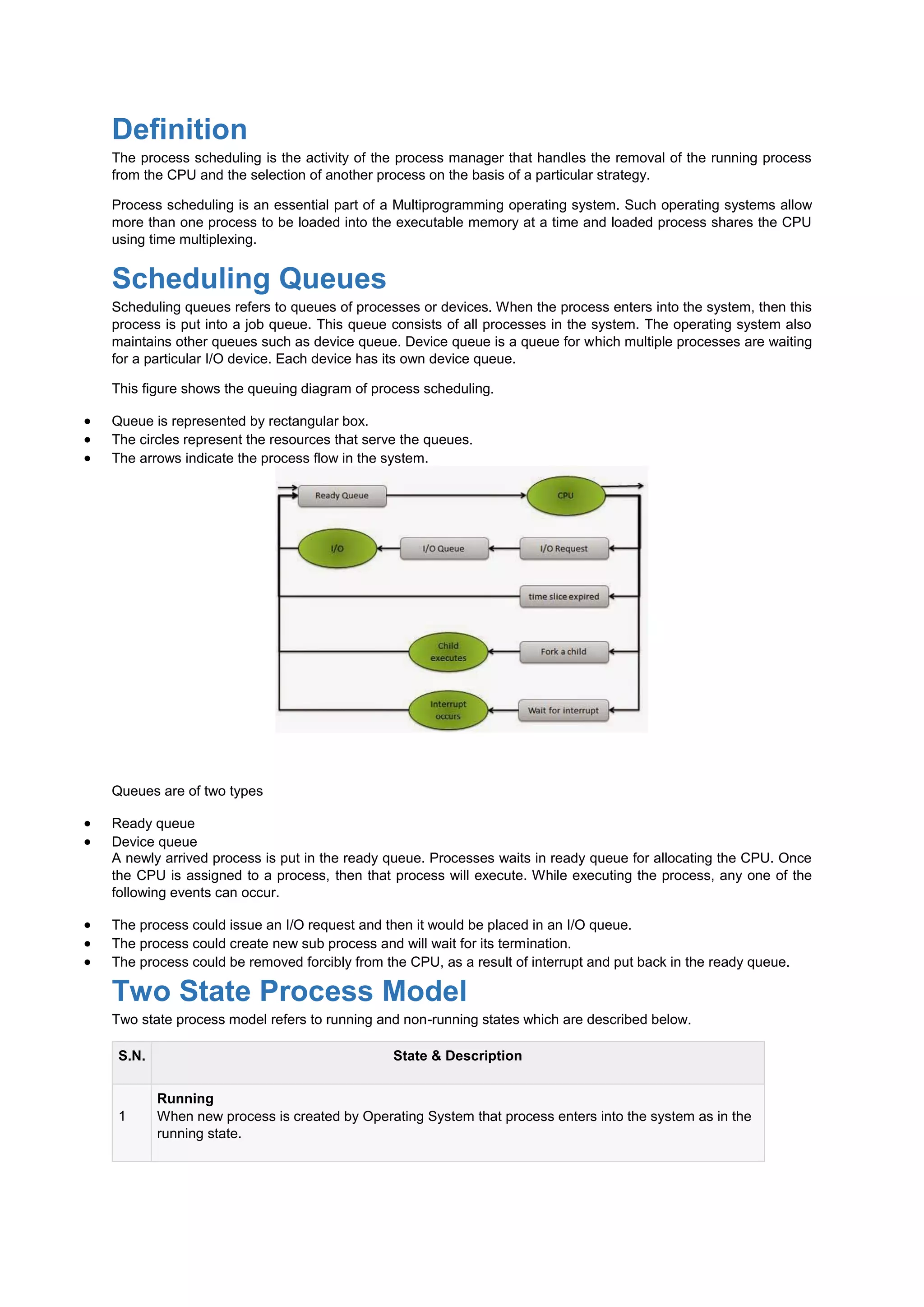 Definition
The process scheduling is the activity of the process manager that handles the removal of the running process
from the CPU and the selection of another process on the basis of a particular strategy.
Process scheduling is an essential part of a Multiprogramming operating system. Such operating systems allow
more than one process to be loaded into the executable memory at a time and loaded process shares the CPU
using time multiplexing.
Scheduling Queues
Scheduling queues refers to queues of processes or devices. When the process enters into the system, then this
process is put into a job queue. This queue consists of all processes in the system. The operating system also
maintains other queues such as device queue. Device queue is a queue for which multiple processes are waiting
for a particular I/O device. Each device has its own device queue.
This figure shows the queuing diagram of process scheduling.
 Queue is represented by rectangular box.
 The circles represent the resources that serve the queues.
 The arrows indicate the process flow in the system.
Queues are of two types
 Ready queue
 Device queue
A newly arrived process is put in the ready queue. Processes waits in ready queue for allocating the CPU. Once
the CPU is assigned to a process, then that process will execute. While executing the process, any one of the
following events can occur.
 The process could issue an I/O request and then it would be placed in an I/O queue.
 The process could create new sub process and will wait for its termination.
 The process could be removed forcibly from the CPU, as a result of interrupt and put back in the ready queue.
Two State Process Model
Two state process model refers to running and non-running states which are described below.
S.N. State & Description
1
Running
When new process is created by Operating System that process enters into the system as in the
running state.
 