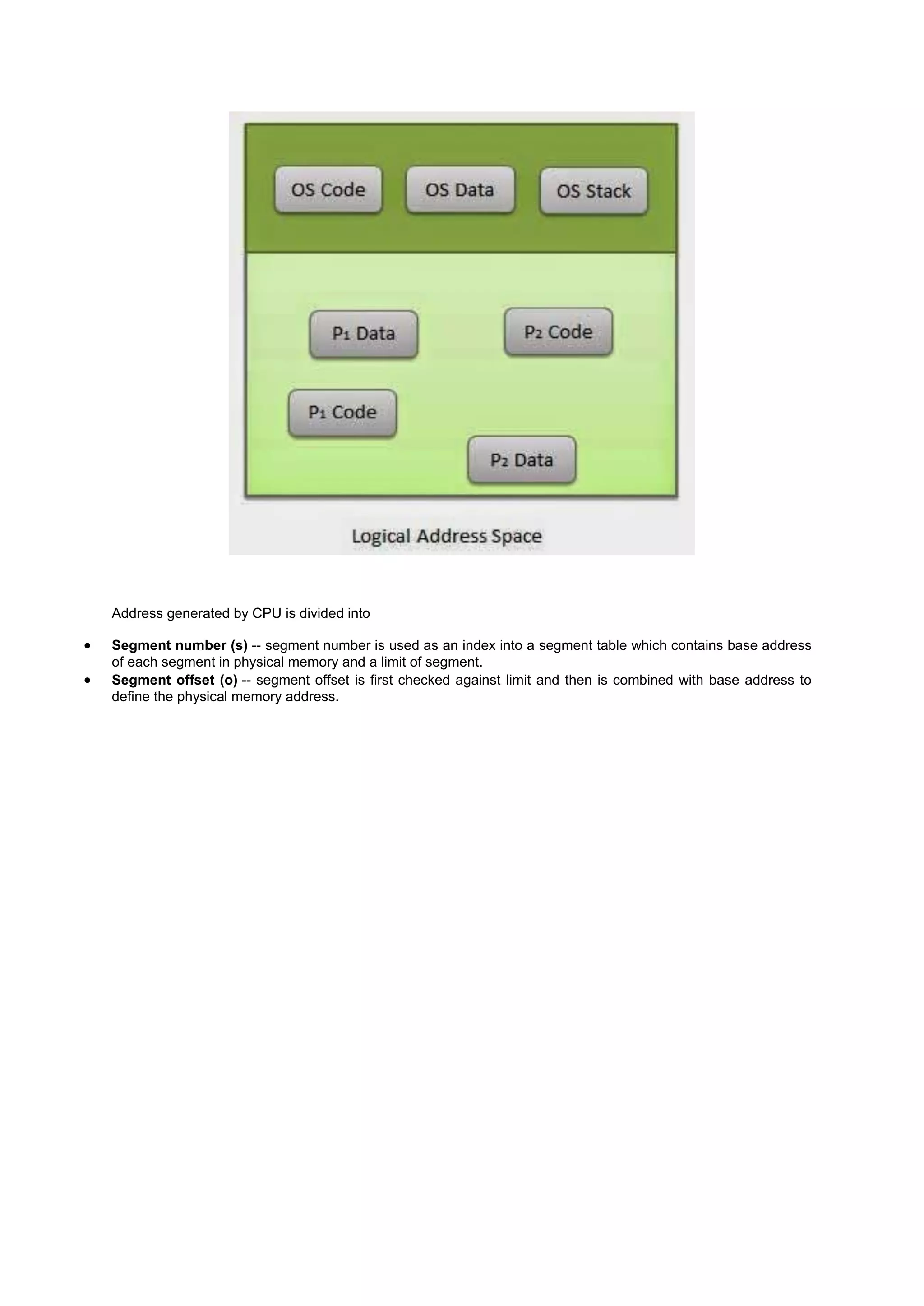 Address generated by CPU is divided into
 Segment number (s) -- segment number is used as an index into a segment table which contains base address
of each segment in physical memory and a limit of segment.
 Segment offset (o) -- segment offset is first checked against limit and then is combined with base address to
define the physical memory address.
 