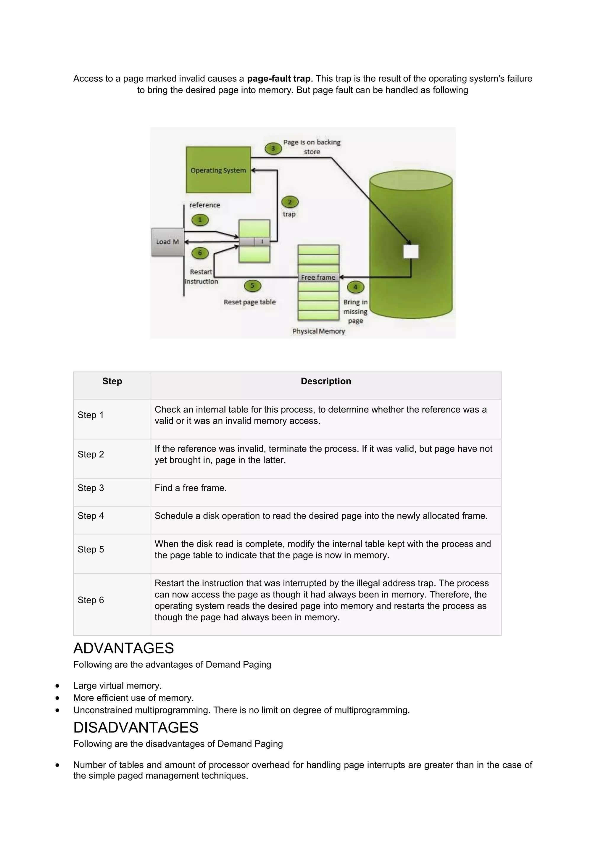 Access to a page marked invalid causes a page-fault trap. This trap is the result of the operating system's failure
to bring the desired page into memory. But page fault can be handled as following
Step Description
Step 1
Check an internal table for this process, to determine whether the reference was a
valid or it was an invalid memory access.
Step 2
If the reference was invalid, terminate the process. If it was valid, but page have not
yet brought in, page in the latter.
Step 3 Find a free frame.
Step 4 Schedule a disk operation to read the desired page into the newly allocated frame.
Step 5
When the disk read is complete, modify the internal table kept with the process and
the page table to indicate that the page is now in memory.
Step 6
Restart the instruction that was interrupted by the illegal address trap. The process
can now access the page as though it had always been in memory. Therefore, the
operating system reads the desired page into memory and restarts the process as
though the page had always been in memory.
ADVANTAGES
Following are the advantages of Demand Paging
 Large virtual memory.
 More efficient use of memory.
 Unconstrained multiprogramming. There is no limit on degree of multiprogramming.
DISADVANTAGES
Following are the disadvantages of Demand Paging
 Number of tables and amount of processor overhead for handling page interrupts are greater than in the case of
the simple paged management techniques.
 