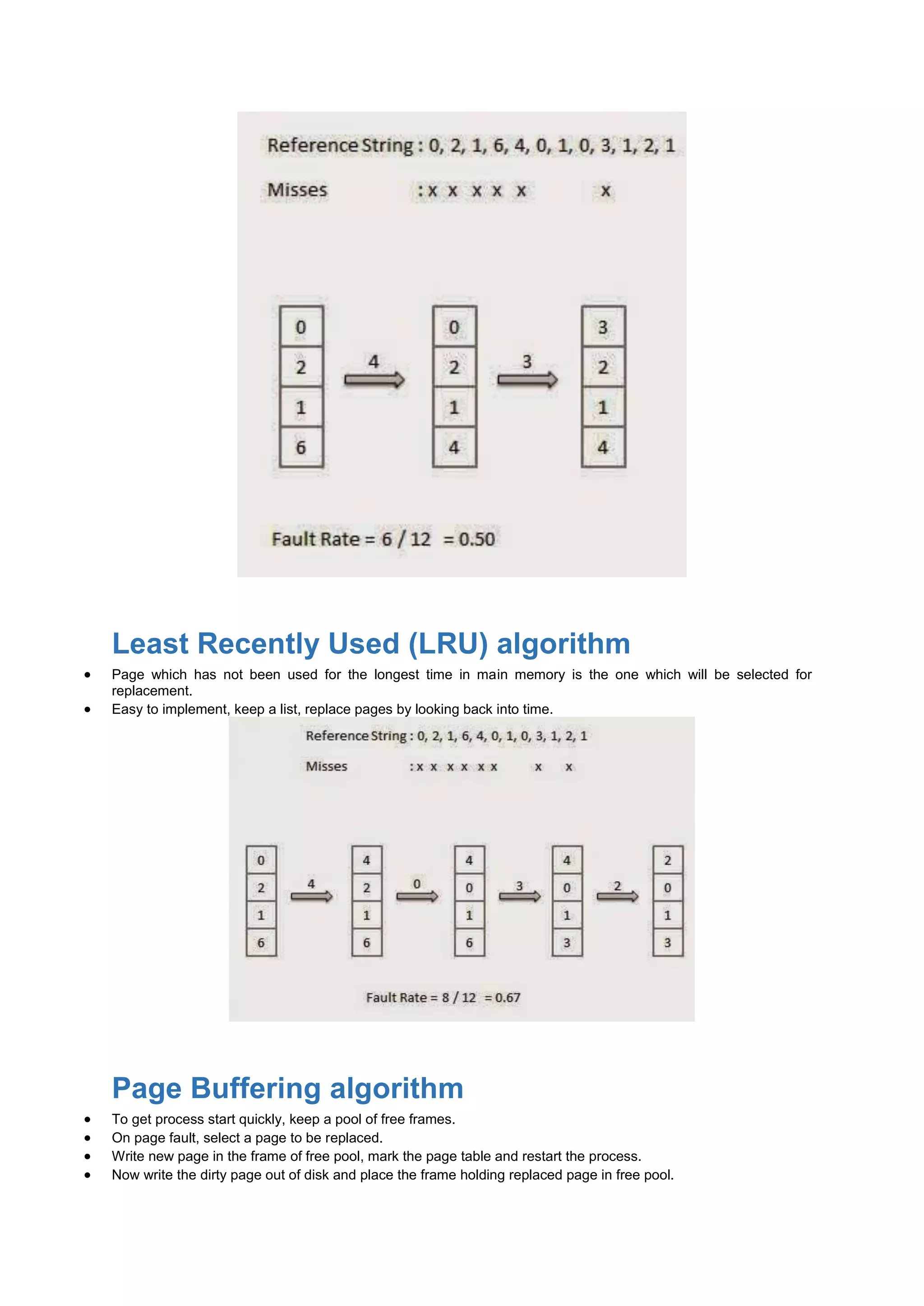 Least Recently Used (LRU) algorithm
 Page which has not been used for the longest time in main memory is the one which will be selected for
replacement.
 Easy to implement, keep a list, replace pages by looking back into time.
Page Buffering algorithm
 To get process start quickly, keep a pool of free frames.
 On page fault, select a page to be replaced.
 Write new page in the frame of free pool, mark the page table and restart the process.
 Now write the dirty page out of disk and place the frame holding replaced page in free pool.
 