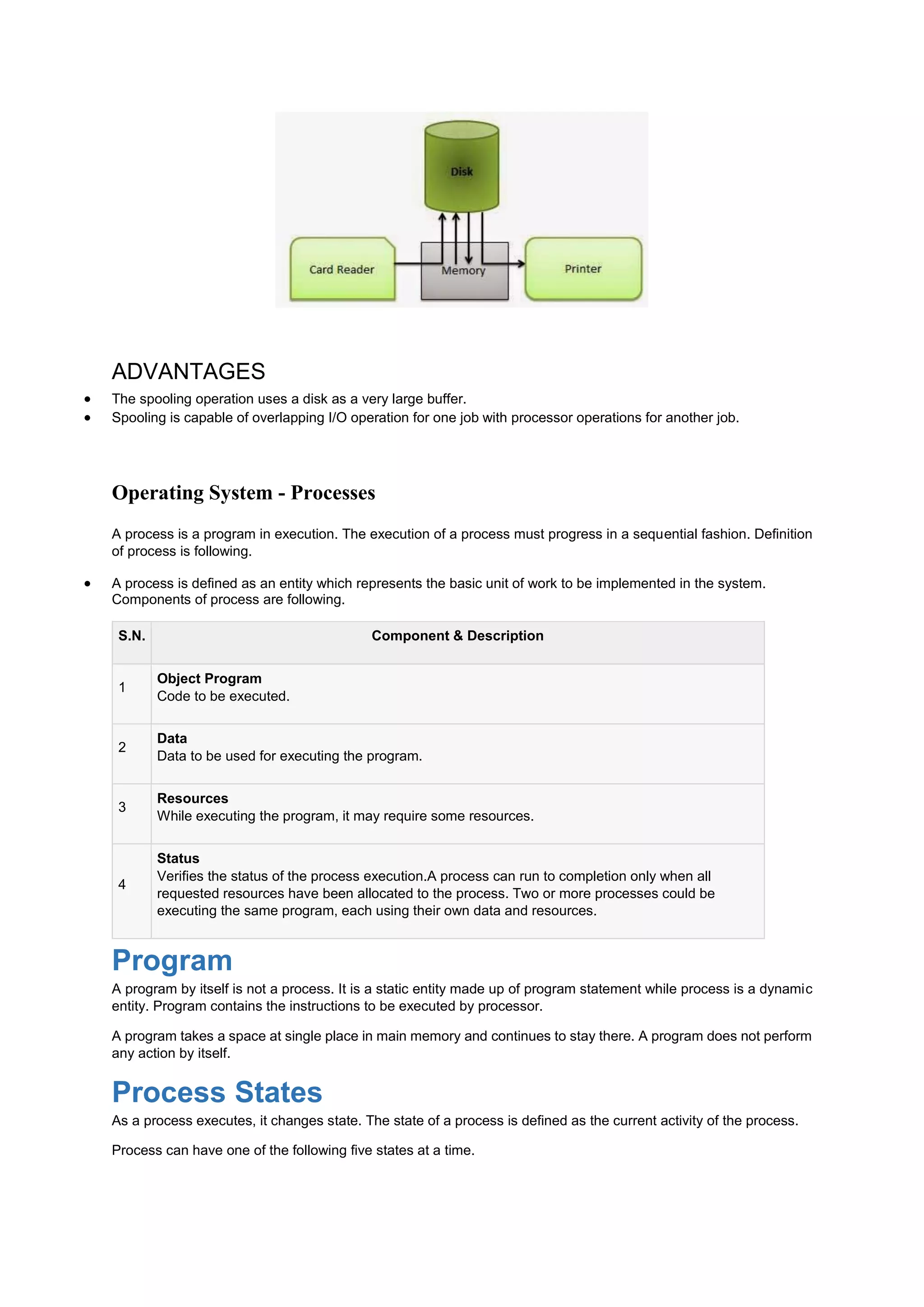 ADVANTAGES
 The spooling operation uses a disk as a very large buffer.
 Spooling is capable of overlapping I/O operation for one job with processor operations for another job.
Operating System - Processes
A process is a program in execution. The execution of a process must progress in a sequential fashion. Definition
of process is following.
 A process is defined as an entity which represents the basic unit of work to be implemented in the system.
Components of process are following.
S.N. Component & Description
1
Object Program
Code to be executed.
2
Data
Data to be used for executing the program.
3
Resources
While executing the program, it may require some resources.
4
Status
Verifies the status of the process execution.A process can run to completion only when all
requested resources have been allocated to the process. Two or more processes could be
executing the same program, each using their own data and resources.
Program
A program by itself is not a process. It is a static entity made up of program statement while process is a dynamic
entity. Program contains the instructions to be executed by processor.
A program takes a space at single place in main memory and continues to stay there. A program does not perform
any action by itself.
Process States
As a process executes, it changes state. The state of a process is defined as the current activity of the process.
Process can have one of the following five states at a time.
 