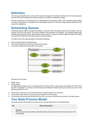 Definition
The process scheduling is the activity of the process manager that handles the removal of the running process
from the CPU and the selection of another process on the basis of a particular strategy.
Process scheduling is an essential part of a Multiprogramming operating system. Such operating systems allow
more than one process to be loaded into the executable memory at a time and loaded process shares the CPU
using time multiplexing.
Scheduling Queues
Scheduling queues refers to queues of processes or devices. When the process enters into the system, then this
process is put into a job queue. This queue consists of all processes in the system. The operating system also
maintains other queues such as device queue. Device queue is a queue for which multiple processes are waiting
for a particular I/O device. Each device has its own device queue.
This figure shows the queuing diagram of process scheduling.
 Queue is represented by rectangular box.
 The circles represent the resources that serve the queues.
 The arrows indicate the process flow in the system.
Queues are of two types
 Ready queue
 Device queue
A newly arrived process is put in the ready queue. Processes waits in ready queue for allocating the CPU. Once
the CPU is assigned to a process, then that process will execute. While executing the process, any one of the
following events can occur.
 The process could issue an I/O request and then it would be placed in an I/O queue.
 The process could create new sub process and will wait for its termination.
 The process could be removed forcibly from the CPU, as a result of interrupt and put back in the ready queue.
Two State Process Model
Two state process model refers to running and non-running states which are described below.
S.N. State & Description
1
Running
When new process is created by Operating System that process enters into the system as in the
running state.
 