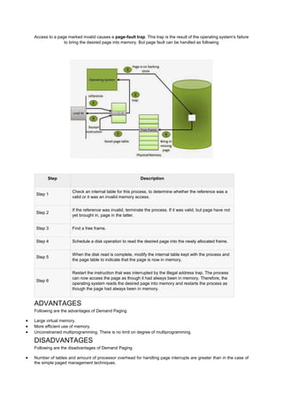 Access to a page marked invalid causes a page-fault trap. This trap is the result of the operating system's failure
to bring the desired page into memory. But page fault can be handled as following
Step Description
Step 1
Check an internal table for this process, to determine whether the reference was a
valid or it was an invalid memory access.
Step 2
If the reference was invalid, terminate the process. If it was valid, but page have not
yet brought in, page in the latter.
Step 3 Find a free frame.
Step 4 Schedule a disk operation to read the desired page into the newly allocated frame.
Step 5
When the disk read is complete, modify the internal table kept with the process and
the page table to indicate that the page is now in memory.
Step 6
Restart the instruction that was interrupted by the illegal address trap. The process
can now access the page as though it had always been in memory. Therefore, the
operating system reads the desired page into memory and restarts the process as
though the page had always been in memory.
ADVANTAGES
Following are the advantages of Demand Paging
 Large virtual memory.
 More efficient use of memory.
 Unconstrained multiprogramming. There is no limit on degree of multiprogramming.
DISADVANTAGES
Following are the disadvantages of Demand Paging
 Number of tables and amount of processor overhead for handling page interrupts are greater than in the case of
the simple paged management techniques.
 