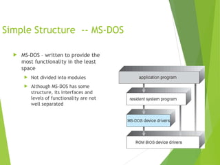 Simple Structure -- MS-DOS
 MS-DOS – written to provide the
most functionality in the least
space
 Not divided into modules
 Although MS-DOS has some
structure, its interfaces and
levels of functionality are not
well separated
 