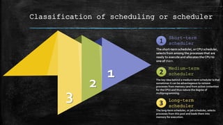 Classification of scheduling or scheduler
1
2
3
Medium-term
scheduler
The key idea behind a medium-term scheduler is that
sometimes it can be advantageous to remove
processes from memory (and from active contention
for the CPU) and thus reduce the degree of
multiprogramming.
Long-term
scheduler
The long-term scheduler, or job scheduler, selects
processes from this pool and loads them into
memory for execution.
Short-term
scheduler
The short-term scheduler, or CPU scheduler,
selects from among the processes that are
ready to execute and allocates the CPU to
one of them.
 