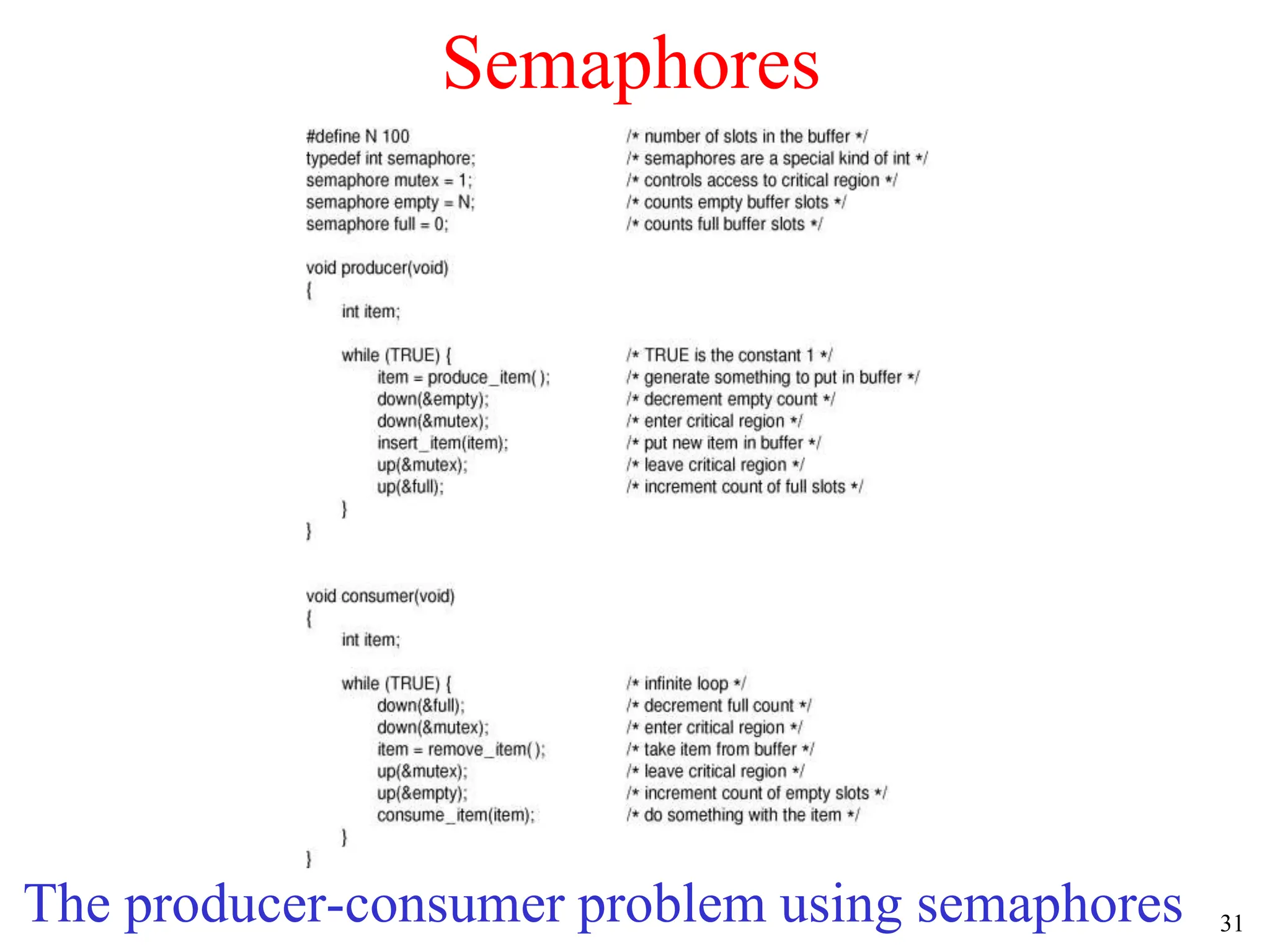 31
Semaphores
The producer-consumer problem using semaphores
 