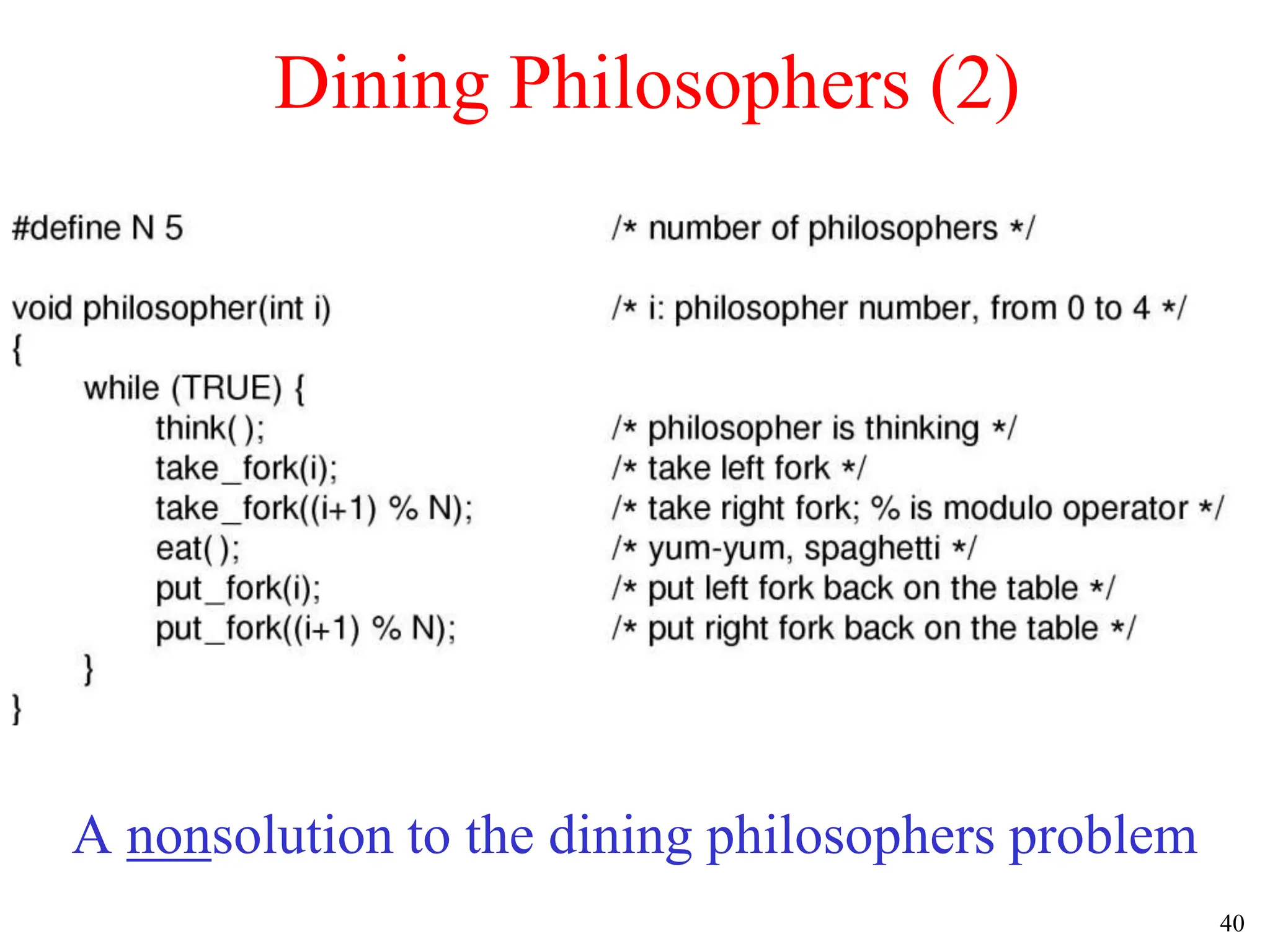 40
Dining Philosophers (2)
A nonsolution to the dining philosophers problem
 