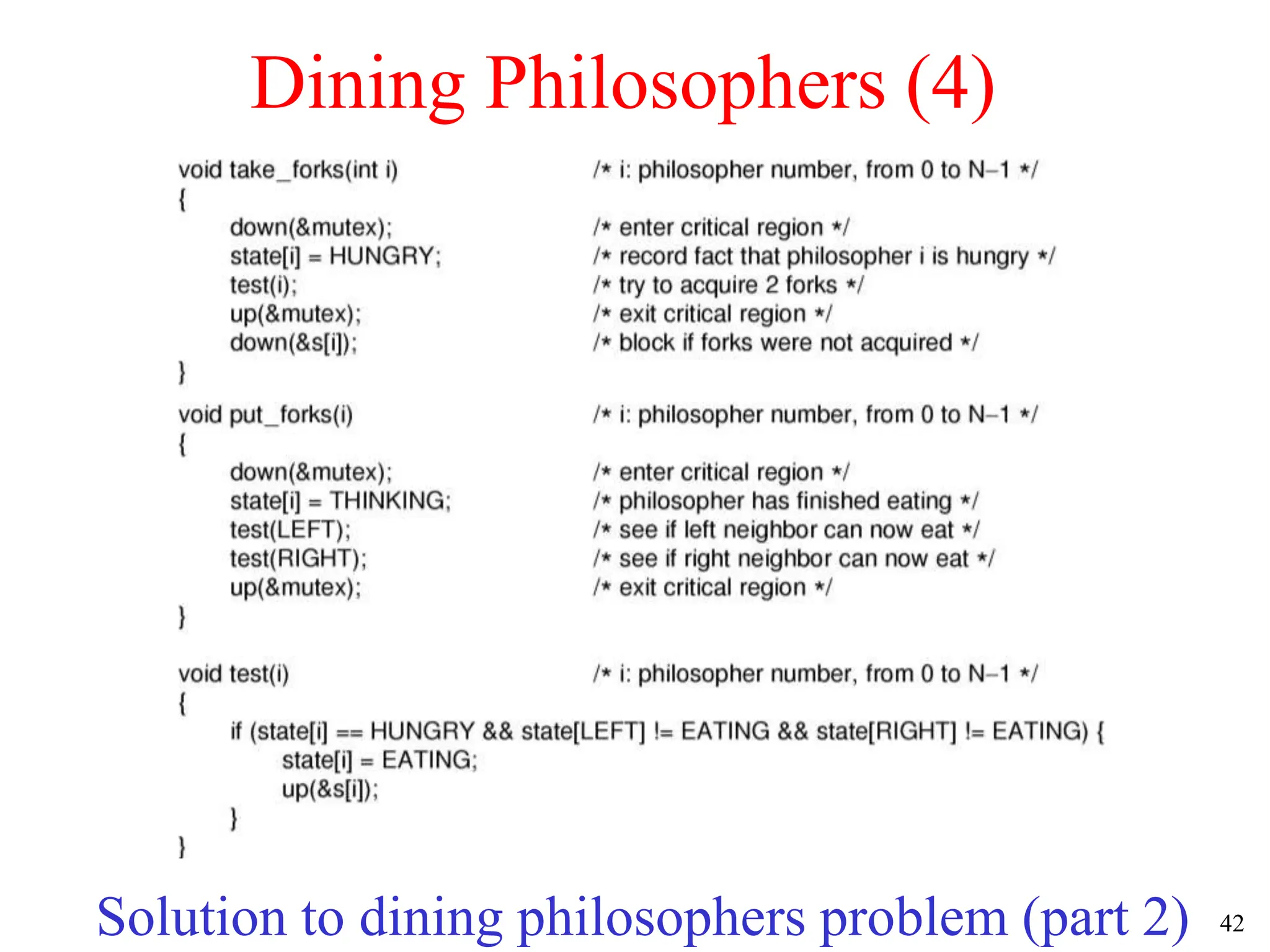 42
Dining Philosophers (4)
Solution to dining philosophers problem (part 2)
 