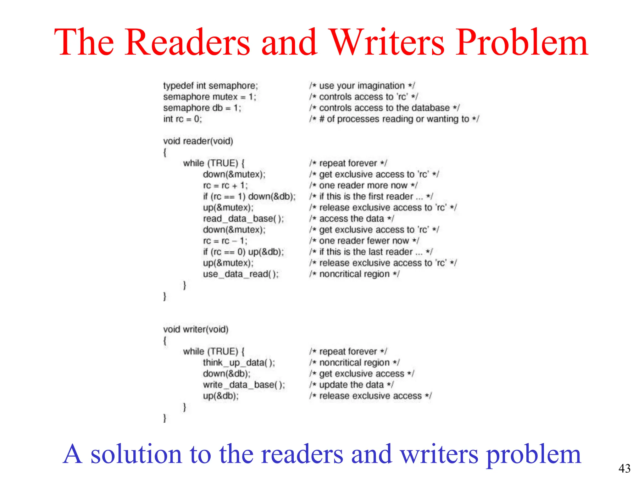 43
The Readers and Writers Problem
A solution to the readers and writers problem
 