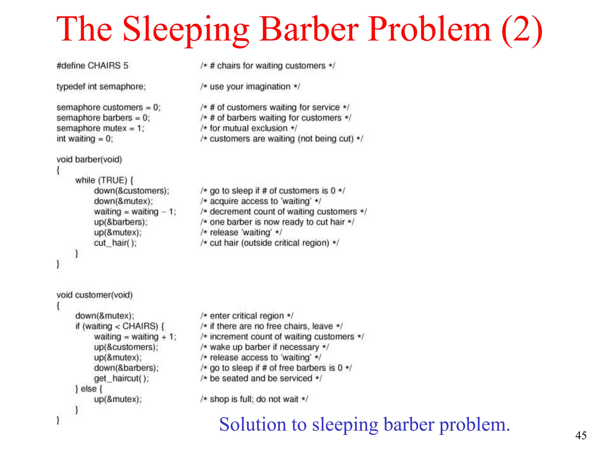 45
The Sleeping Barber Problem (2)
Solution to sleeping barber problem.
 