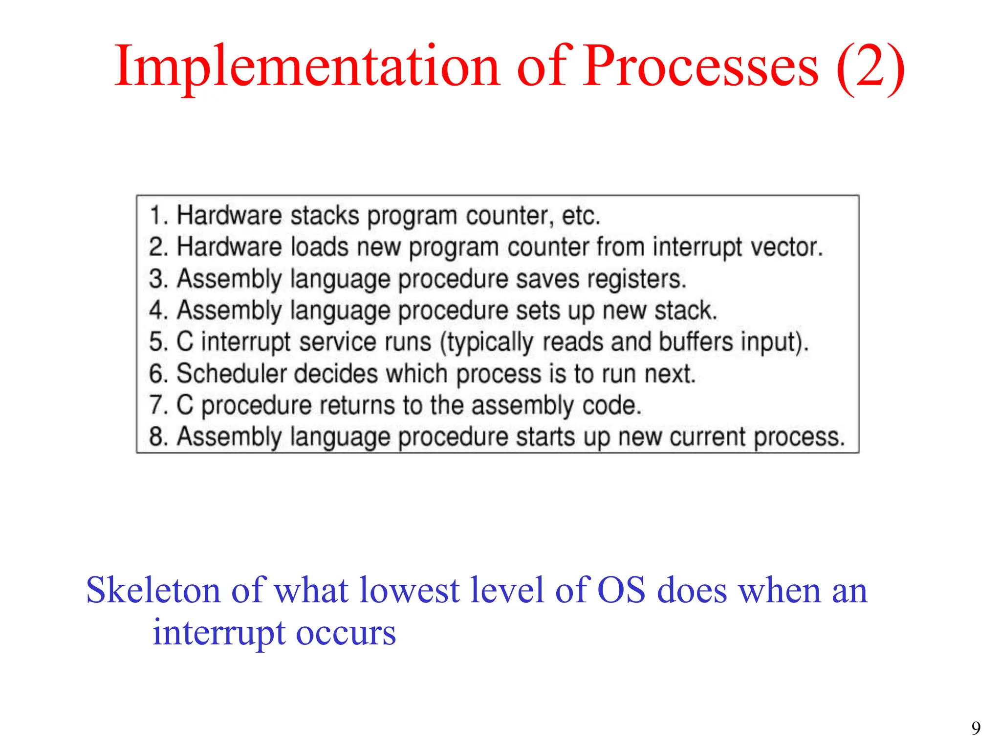 9
Implementation of Processes (2)
Skeleton of what lowest level of OS does when an
interrupt occurs
 