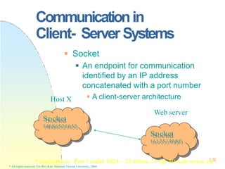 Communicationin
Client- Server Systems
 Socket
 An endpoint for communication
identified by an IP address
concatenated with a port number
 A client-server architecture
S
S
o
o
c
c
k
k
e
e
t
t
1
1
4
4
6
6
.
8
.
8
6
6
.
5
.
5
.
2
.
2
:
1
:
1
6
6
5
5
2
2
S
S
o
o
c
c
k
k
e
e
t
t
11661
1
.
2
.
2
5
5.
1.
19
9
.
8
.
8
:
8
:
80
0
Web server
* /etc/services: Port # under 1024 ~ 23-telnet, 21-ftp, 80-web server, e1
tc5
2
.
* All rights reserved, Tei-Wei Kuo, National Taiwan University, 2004.
Host X
 