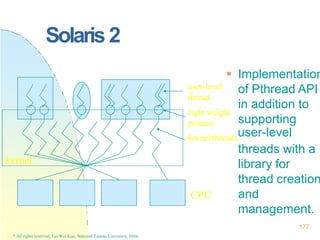 Solaris 2
 Implementation
of Pthread API
in addition to
supporting
thread creation
and
management.
kernel threadsuser-level
threads with a
library for
CPU
kernel
user-level
thread
light weight
177
* All rights reserved, Tei-Wei Kuo, National Taiwan University, 2004.
process
 