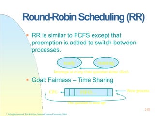 Round-RobinScheduling(RR)
 RR is similar to FCFS except that
preemption is added to switch between
processes.
ready running
Interrupt at every time quantum (time slice)
 Goal: Fairness – Time Sharing
FIFO…
CPU
The quantum is used up!
New process
210
* All rights reserved, Tei-Wei Kuo, National Taiwan University, 2004.
 